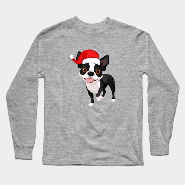 Santa Boston Terrier Cartoon Dog Long Sleeve T-Shirt by Seasonal Dogs